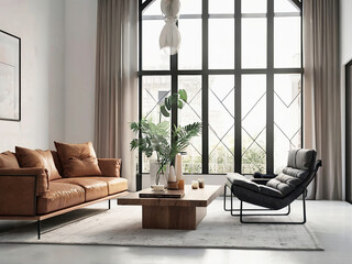 living room interior mockup, modern furniture and decorative arch with trendy dried flowers with white sofa and armchair on the White Background