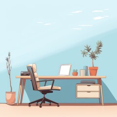 Cyan: An office desk and chair with cyan wall and a plant that sits on the shelf