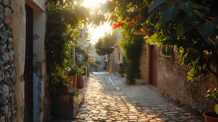 Fototapeta na wymiar Narrow street in a Mediterranean village on a hot summer afternoon.