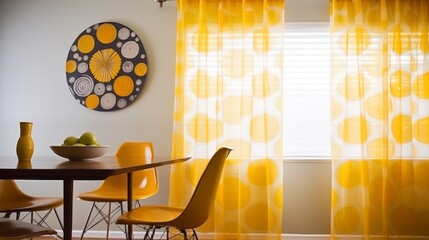 Incorporate yellow sheer curtains with a retro-inspired atomic print for vintage flair.