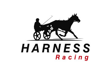 harness racing horse and chariot, with flat road background, logo, illustration