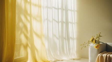 Incorporate yellow sheer curtains with a subtle wave pattern for a serene feel.