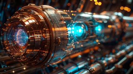 Fototapeta na wymiar An advanced particle accelerator glows with energy, its complex machinery a testament to cutting-edge scientific research in high-energy physics.