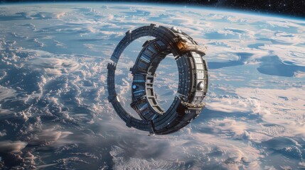 Suspended in the serene expanse of space, this orbiting space station hovers above the cloud-covered Earth, a symbol of human progress and exploration. - obrazy, fototapety, plakaty