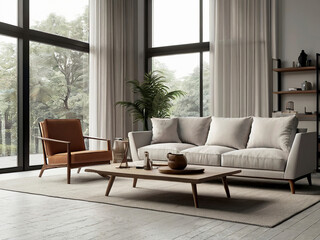 living room interior mockup, modern furniture and decorative arch with trendy dried flowers with white sofa and armchair on the White Background