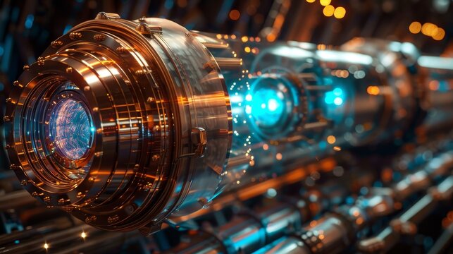 An advanced particle accelerator glows with energy, its complex machinery a testament to cutting-edge scientific research in high-energy physics.