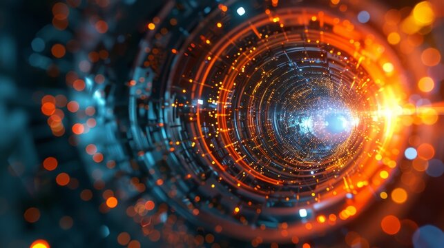 A tunnel of light and energy stretches into infinity, evoking the sensation of warp speed travel through a particle acceleration chamber.