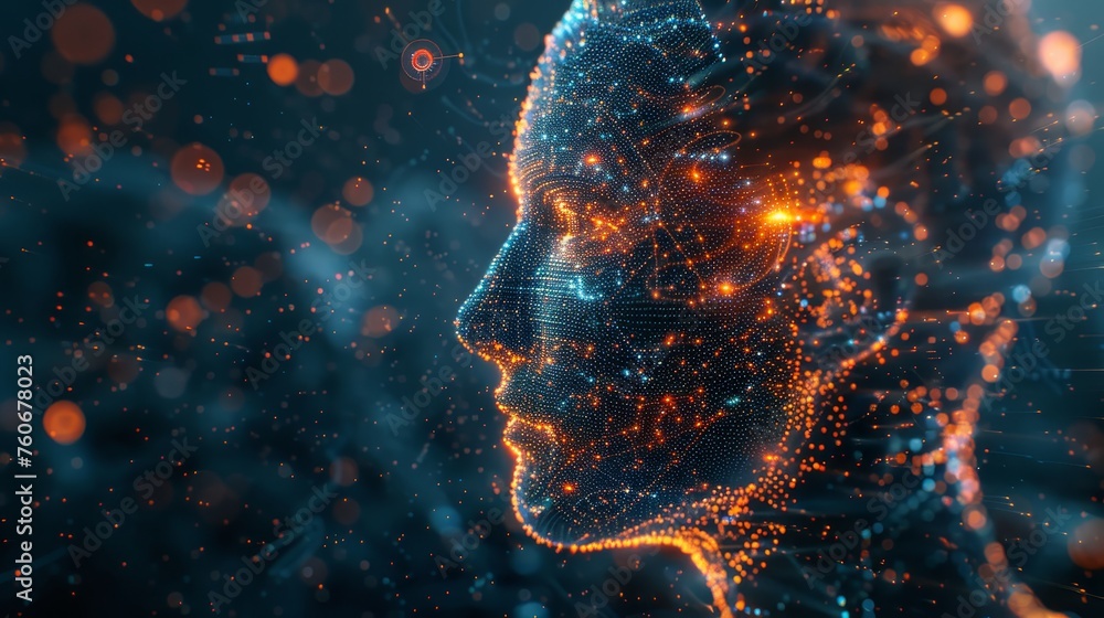 Poster a profile of a 3d digital human head featuring a neon dot mesh design amidst floating particles.