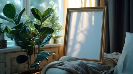 Lush Foliage in Cozy Corner with Empty Picture Frame: A Blank Canvas for Home Decor Inspiration.