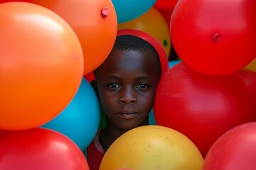Cheerful African boy surround balloons. Holding lifestyle fun wonder amazed. Generate Ai