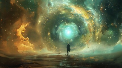 Silhouette of a lone person standing before an awe-inspiring cosmic vortex in a star-filled space.