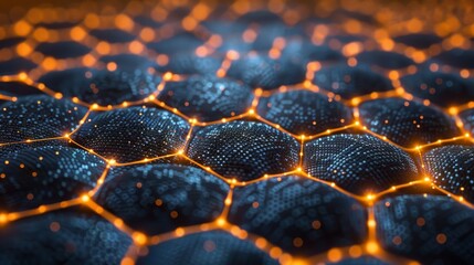 Close-up view of a carbon nanostructure with a hexagonal pattern highlighted by an orange neon glow. - obrazy, fototapety, plakaty