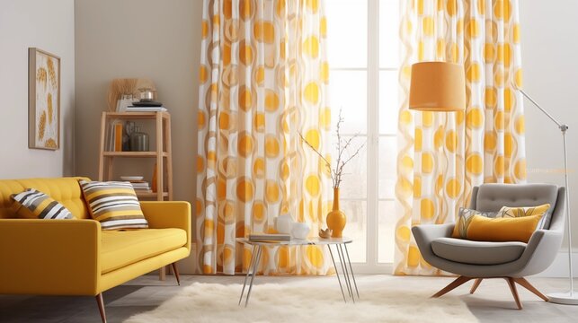 Incorporate yellow sheer curtains with a retro-inspired atomic print for vintage flair.
