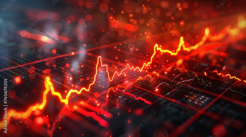 Poster dynamic financial graph with glowing red lines on a futuristic digital interface, depicting market a
