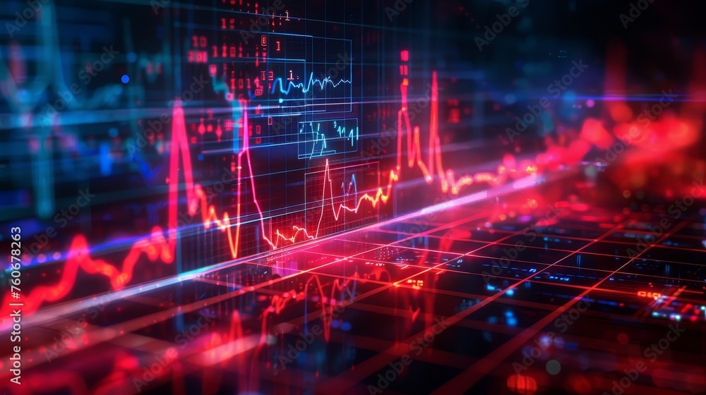 Poster abstract concept of stock market analytics, with digital graphs and data projections on a high-tech 