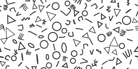 Line Fun Textile Pattern. 1980s Geometric Style. Line Seamless Doodle. Line Seamless Circle. Fun Fashion Element. Fabric Dash Triangle. Funky Decorative Wallpaper Cloth. Vector Set Scribble Background