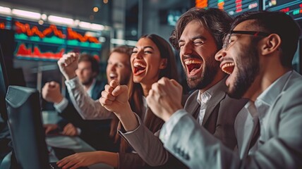 A group of prosperous stock exchange brokers are celebrating their successful investment bid on the securities market. - obrazy, fototapety, plakaty