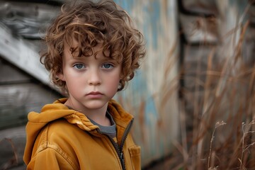 Young boy with curly hair and intense gaze