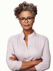 Attractive mature black businesswoman wearing glasses posing looking at the camera on white background 
