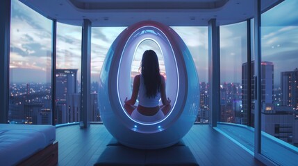 A high-tech meditation pod in a futuristic apartment, using augmented reality for immersive relaxation experiences - obrazy, fototapety, plakaty
