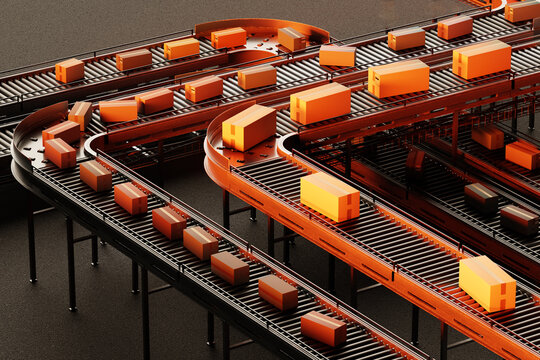 Automated Parcel Sorting Conveyor System in Distribution Warehouse 3d image