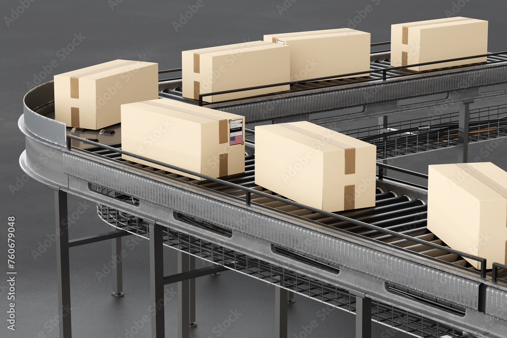Poster automated conveyor belt system in a distribution warehouse 3d image