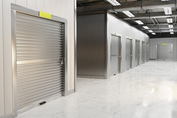Self storage . Modern Warehouse Facility with Multiple Rolling Shutter Doors . Storage Units. 3d image