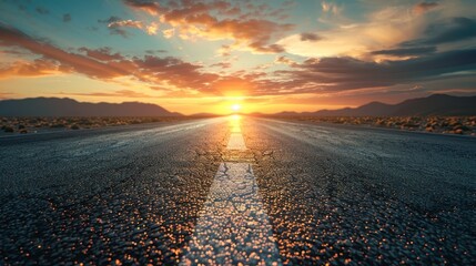 A serene sunset casting golden hues over a desolate desert highway, with mountains silhouetted against the colorful sky.