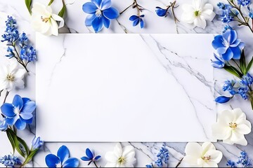 Frame with blue and white flowers on marble white background. Greeting card design for holiday, Mother's day, Easter, Valentine day. Springtime composition with copy space. Flat lay, top view