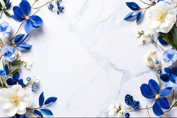 Frame with blue and white flowers on marble white background. Greeting card design for holiday, Mother's day, Easter, Valentine day. Springtime composition with copy space. Flat lay, top view