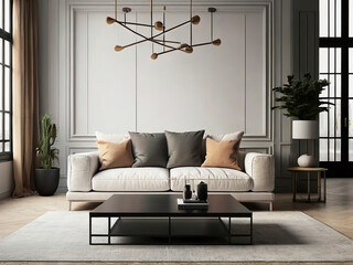 living room interior mockup, modern furniture and decorative arch with trendy dried flowers with white sofa and armchair on the White Background