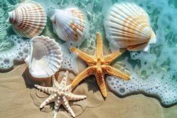 Starfish and seashell on the summer beach in sea water. Summer background. Summer time. generative ai.