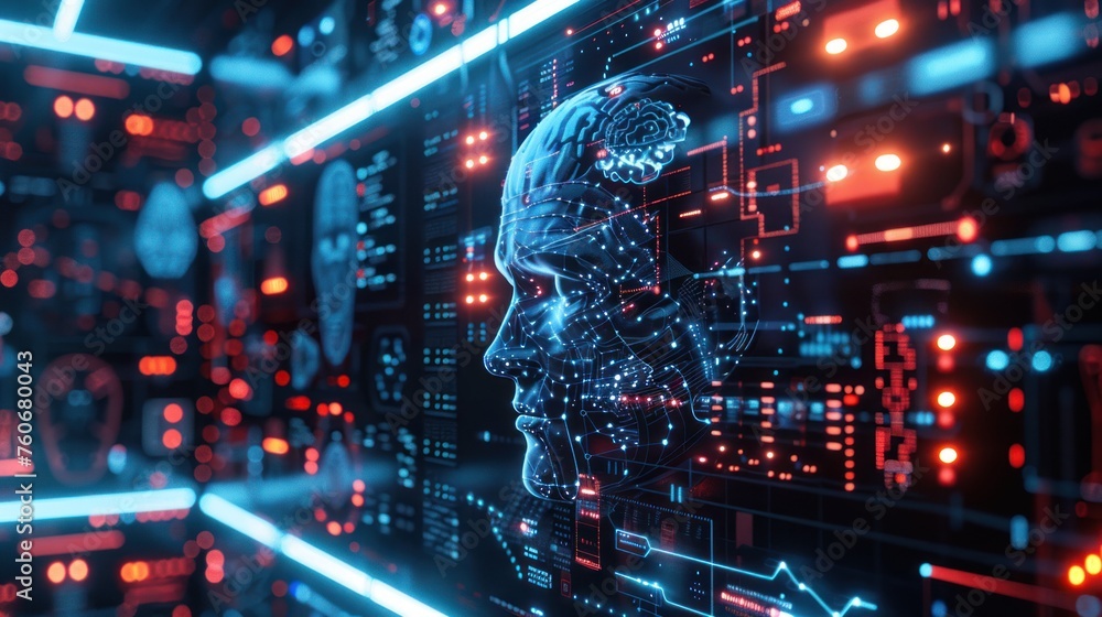 Poster AI controls various systems in the cyber world, security systems Emphasis on presenting cutting-edge technology and AI challenges 