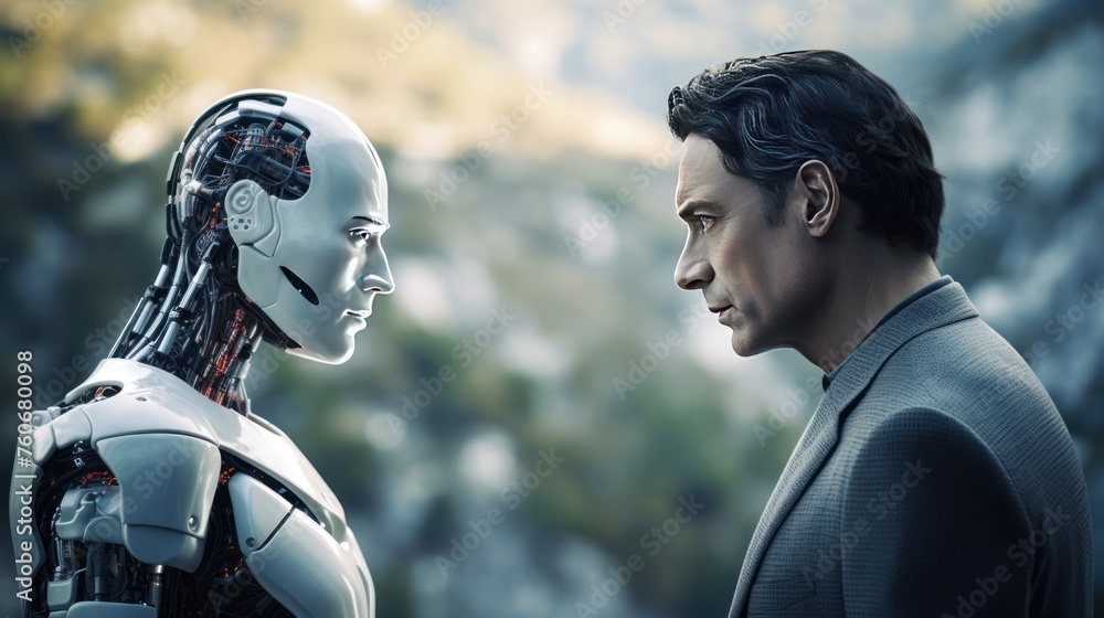 Poster ai robots work together with humans emphasis on presenting cutting-edge technology and the benefits 