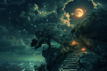 night sky and moon with staircase winding up a hill