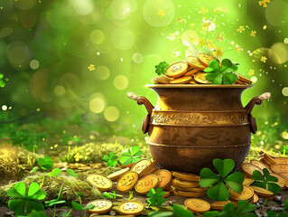 Banner st patricks day with treasure of leprechaun, pot full of golden coins and shamrocks 