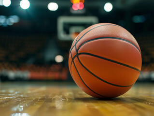 Basketball on Court Floor close up with blurred arena in background 