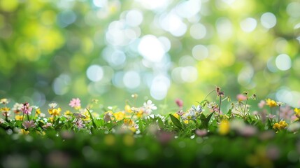  Beautiful blurred spring background nature with blooming glade, 