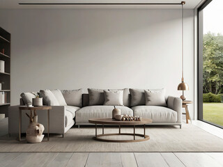 living room interior mockup, modern furniture and decorative arch with trendy dried flowers with white sofa and armchair on the White Background