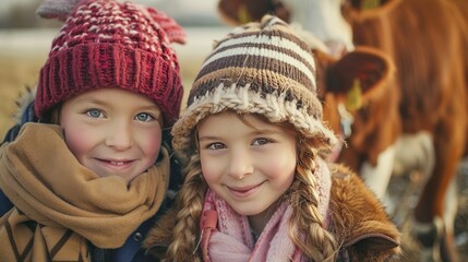 Obraz premium children are happy at the dairy cow farm 