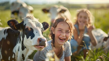  children are happy at the dairy cow farm 