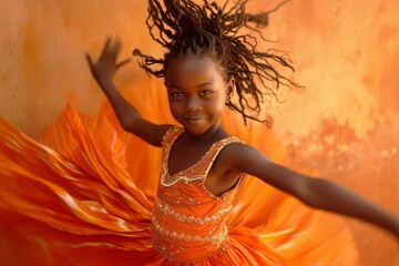 Naklejka premium Talented African little girl ballet. Happy dancer. Generate Ai