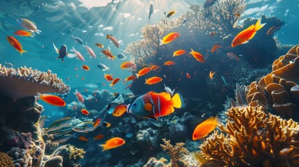 Colorful sea fish swim among beautiful coral reefs. Emphasis on presenting the beauty of corals and aquatic animals.  - obrazy, fototapety, plakaty
