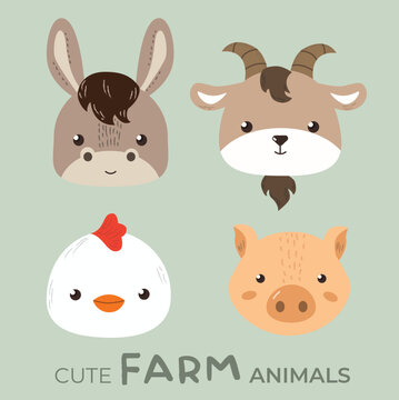 Cute Cartoon Farm Animal Head Vector Illustration. Good for Doodles and Other Graphic Assets	