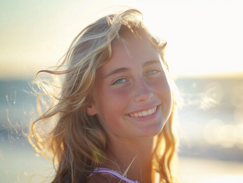 beautiful smile of young blonde girl smiling and having fun outdoor on a background of hazy sunshine through a thick mist on a calm sea and blue skies 