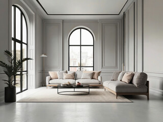 living room interior mockup, modern furniture and decorative arch with trendy dried flowers with white sofa and armchair on the White Background