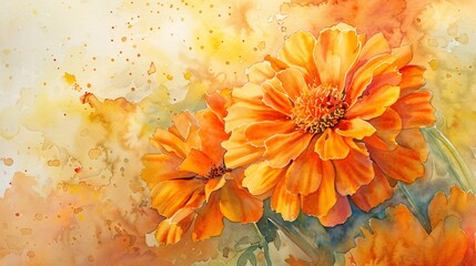 A vibrant watercolor marigold painting radiating warmth and the golden glow of a summers day