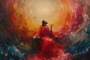 An expressive painting of a seated figure Jesus Christ in red, looking upwards, against a vibrant swirl of warm and cool colors. Place for text
