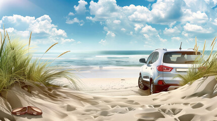 parked car on the beach under a clear blue sky