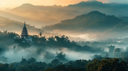 Image of the sea of mist and a temple or sacred place It shows beauty, peace, and faith. Presenting the harmony between nature and religious places. - obrazy, fototapety, plakaty